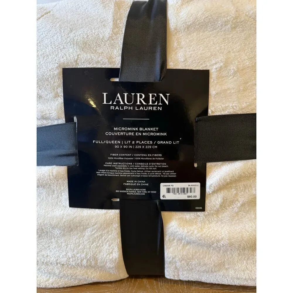 Lauren Ralph Lauren Micromink Blanket Full Queen Cream Ultra Soft Plush NEW